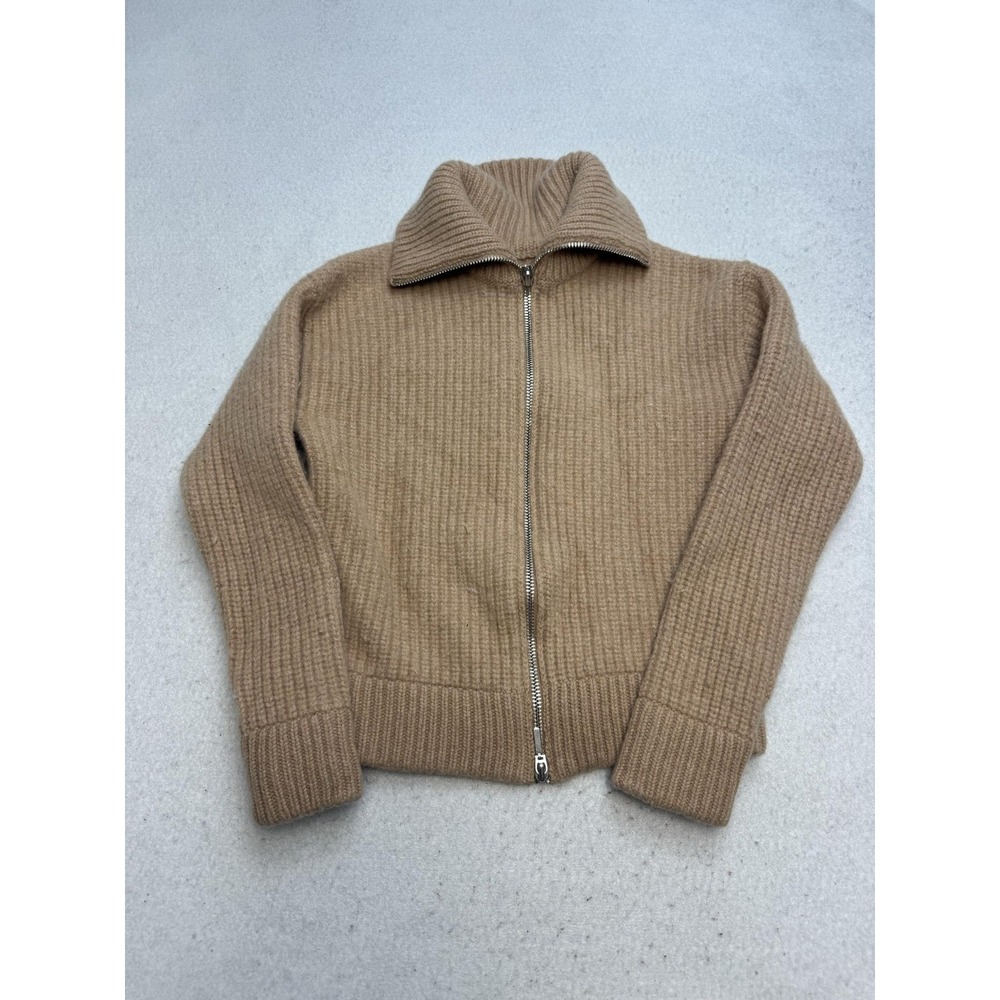 NOTSHY Cardigan Sweater Womens XS Beige 100% Merino Wool Full Zip Ribbed Knit